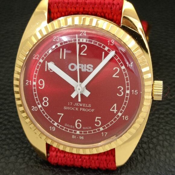 Vintage 1992 Oris Manual Mens Gold Watch W/Nato Strap & Red accents - Picture 3 of 9